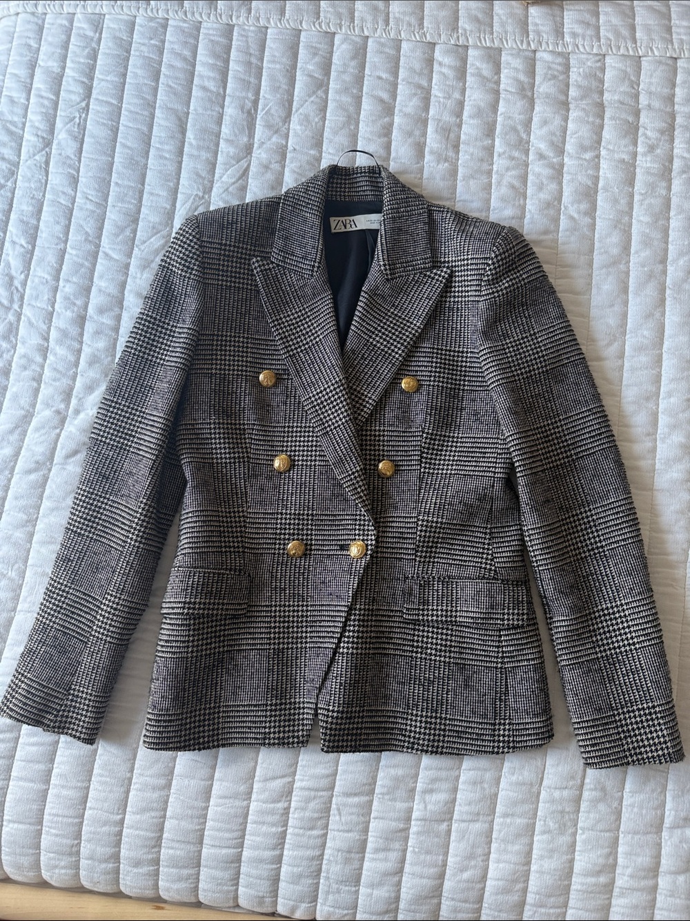 Zara Black and White Glen Plaid Double-Breasted Blazer with Gold Buttons
